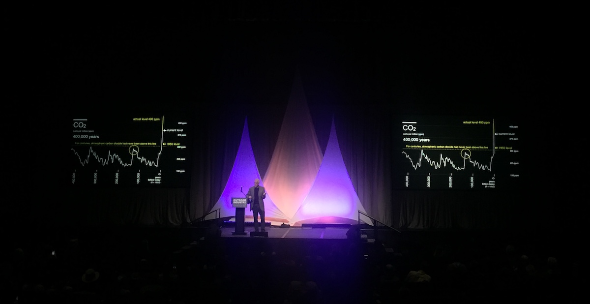 Paul Hawken delivers the keynote speech at the 2018 winter trade show. [Photo] Sara Aranda
