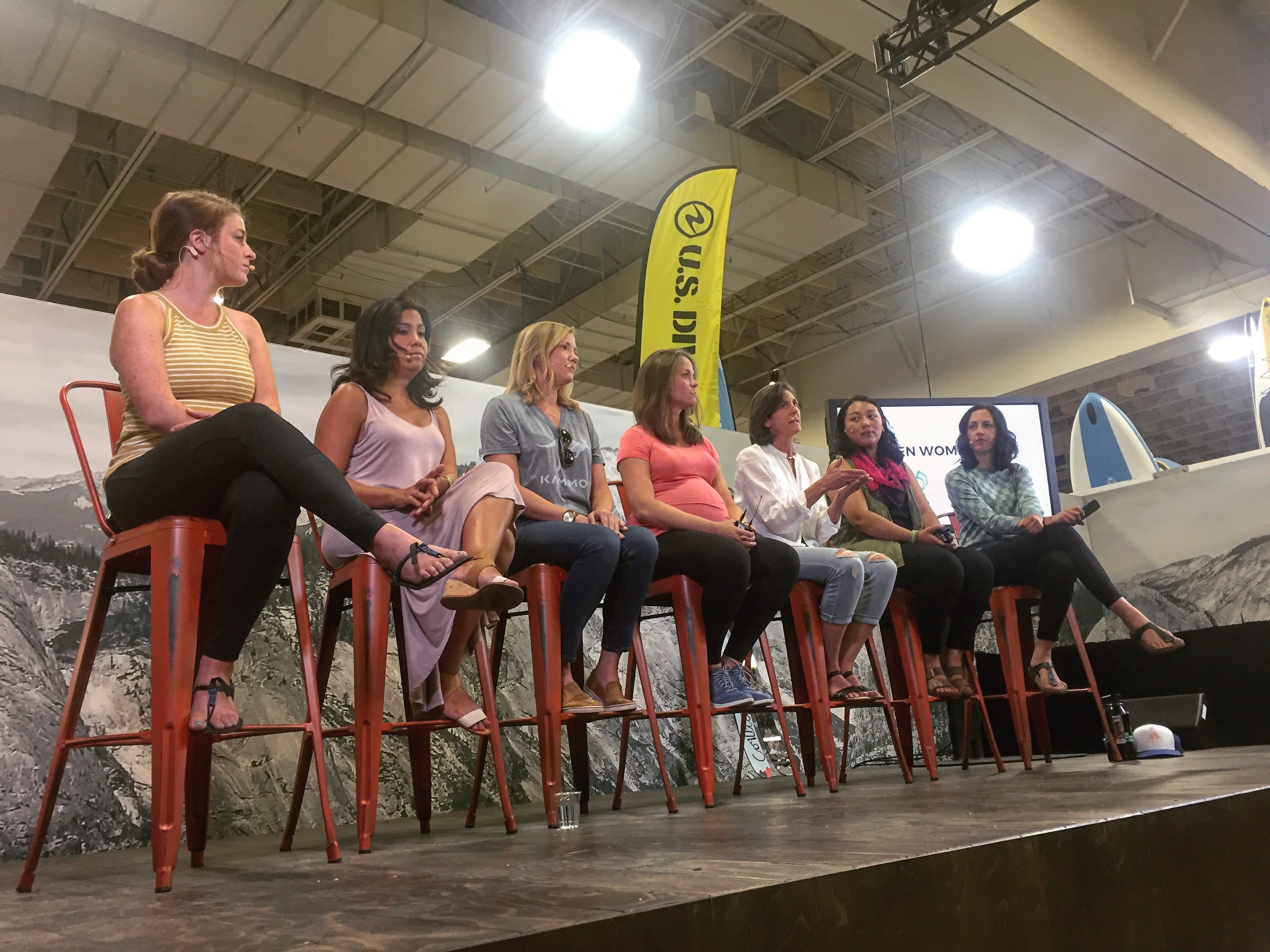 The When Women Lead panel, from left to right: Amanda Goad, founder of Wild Women's Project; Georgina Miranda, CEO of Altitude Seven; Haley Robison, CEO of Kammok; Heather Rochfort, founder of JustAColoradoGal.com; Jennifer Vierling, co-founder of Tailwind Nutrition; Tsedo Sherpa-Ednalino, COO of Sherpa Adventure Gear; and Jen Gurecki, co-founder and CEO of Coalition Snow. [Photo] Emma Murray