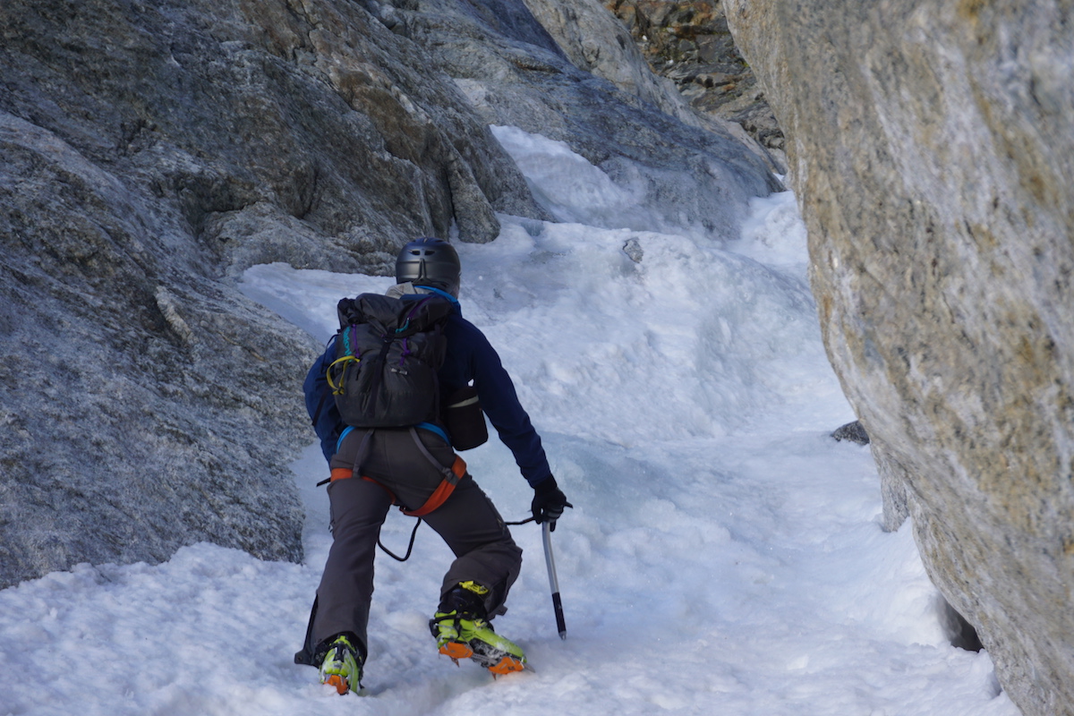John Easterling enters the bottom of the Stettner Couloir on his way up the Grand Teton. [Photo] John Easterling collection