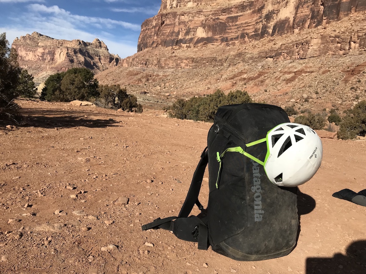 The loaded up Cragsmith 45 before taking it up to the Dylan Wall in the San Rafael Swell, Utah. A helmet easily fastens to the side clips. [Photo] Chris Van Leuven