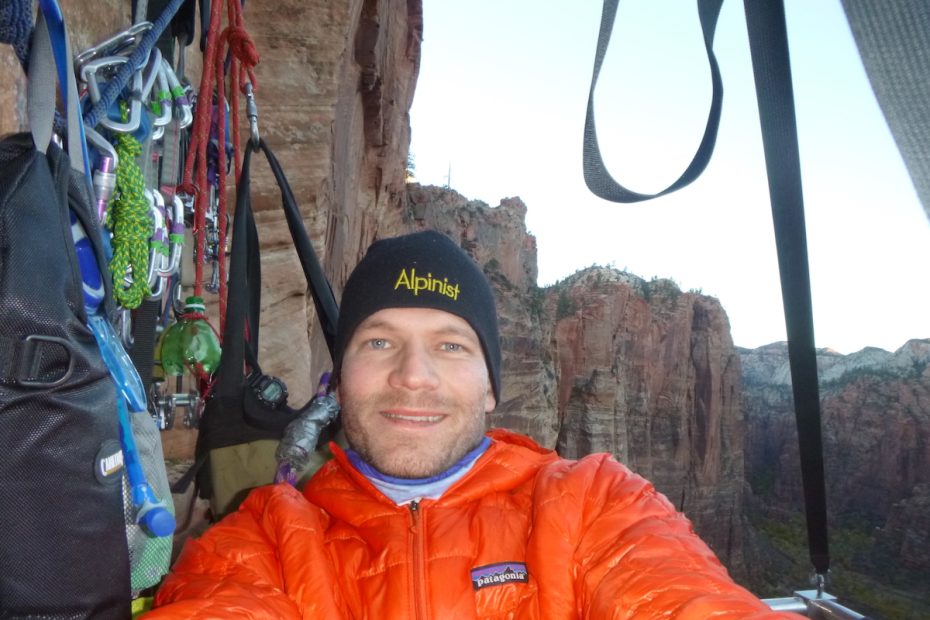 The author wearing the Patagonia Micro Puff jacket on Prodigal Sun in Zion last October. [Photo] Derek Franz