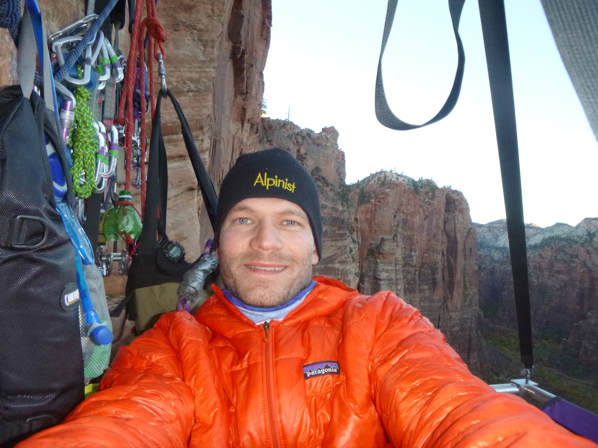 The author wearing the Patagonia Micro Puff jacket on Prodigal Sun in Zion last October. [Photo] Derek Franz