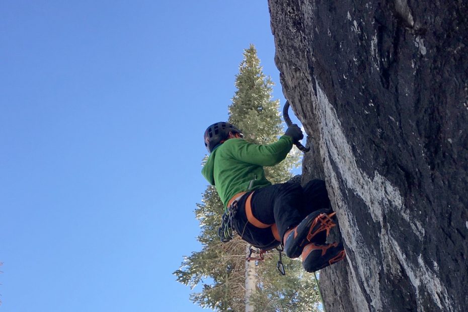 Chris Van Leuven testing the new Petzl Nomic ice tools in Rocky Mountain National Park. [Photo] Colby Rickard