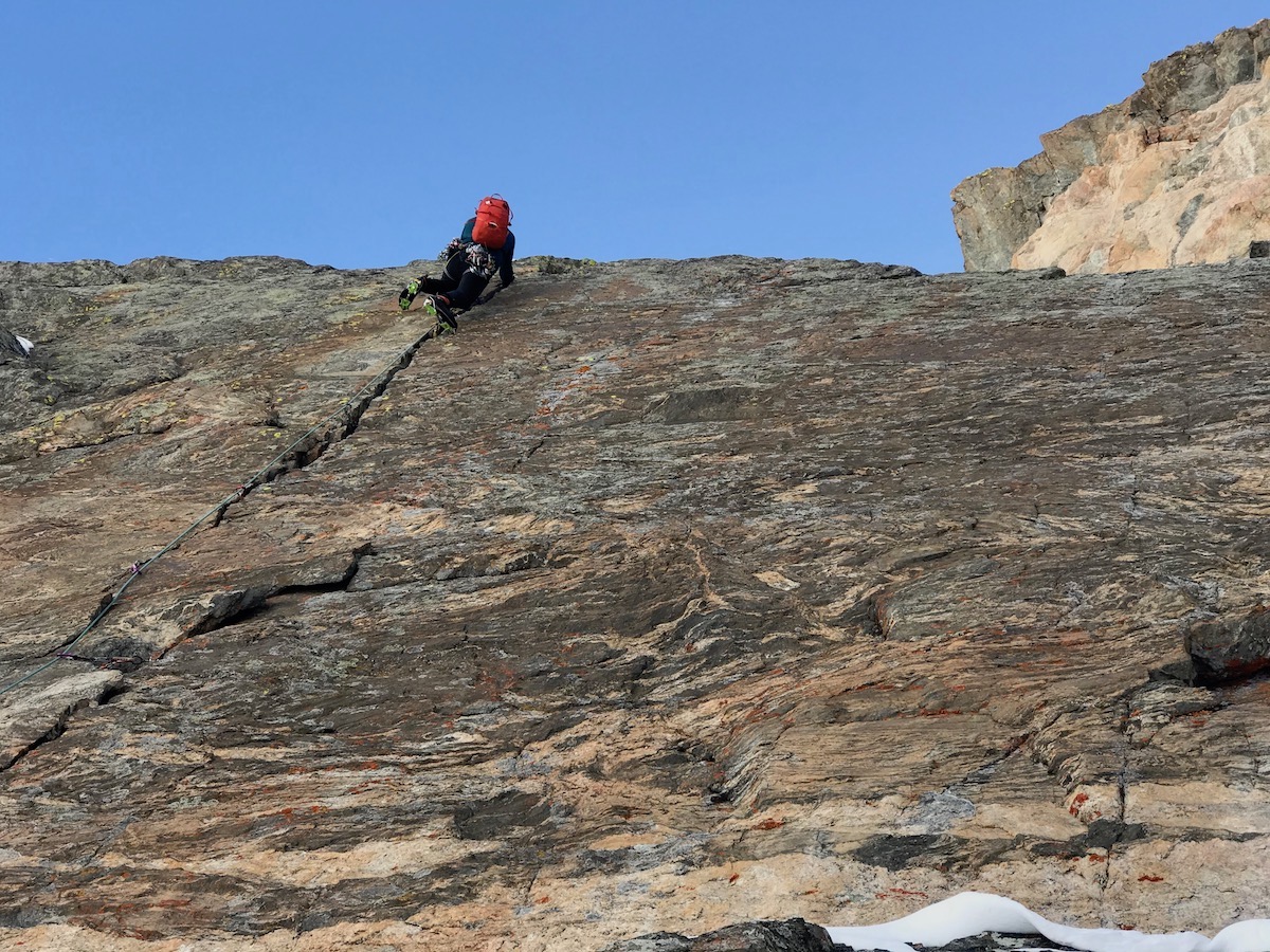 Tyler Kempney leading the first pitch of Two Dragons (M7, 3 pitches) in Rocky Mountain National Park. Kempney is in the area of the pitch where Van Leuven bent the Pur'Ice pick on his tool. [Photo] Chris Van Leuven