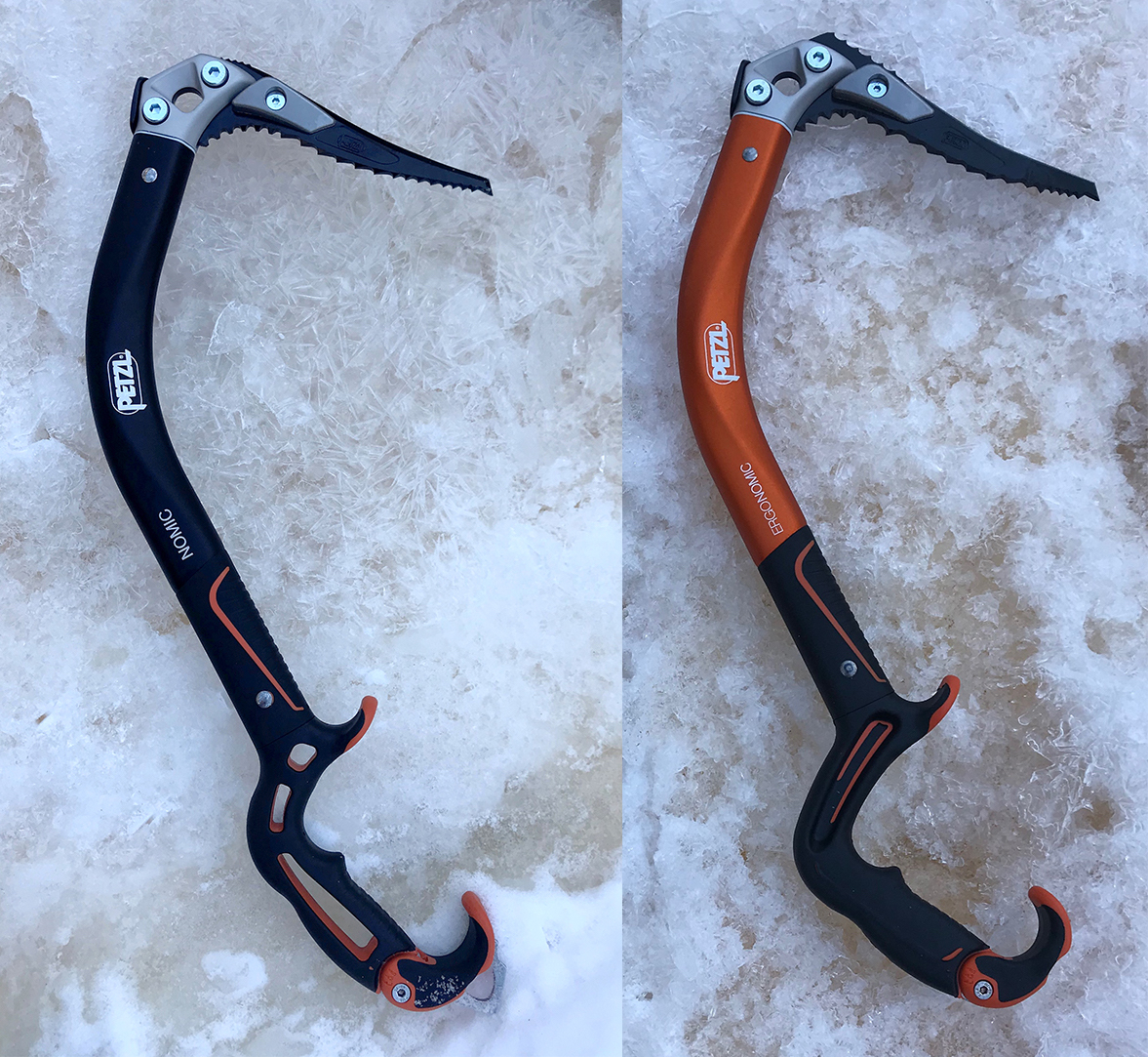 The new versions of the Petzl Nomic (left) and Ergonomic ice tools. [Photo] Chris Van Leuven