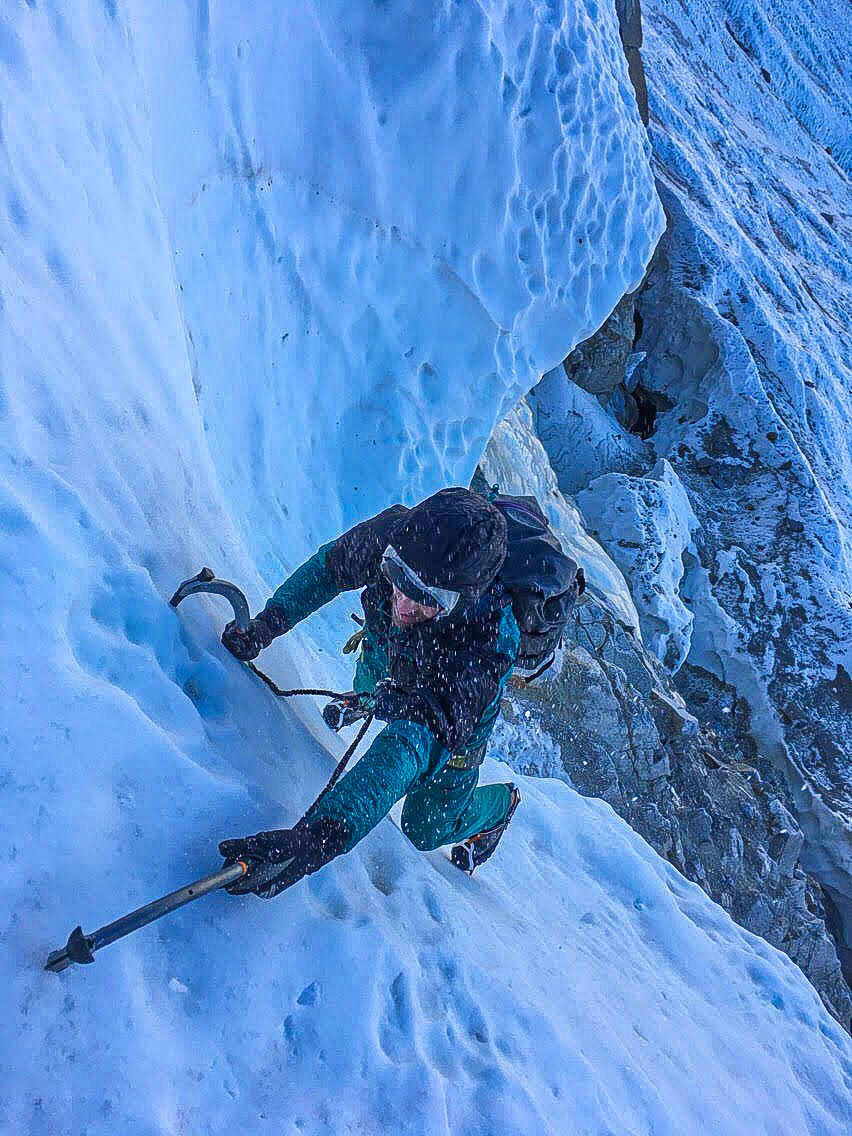 McCrea compares one of the new Petzl Quark tools to the previous model on Mt. Humphreys in the Sierra Nevada Range. [Photo] Ian McElleny