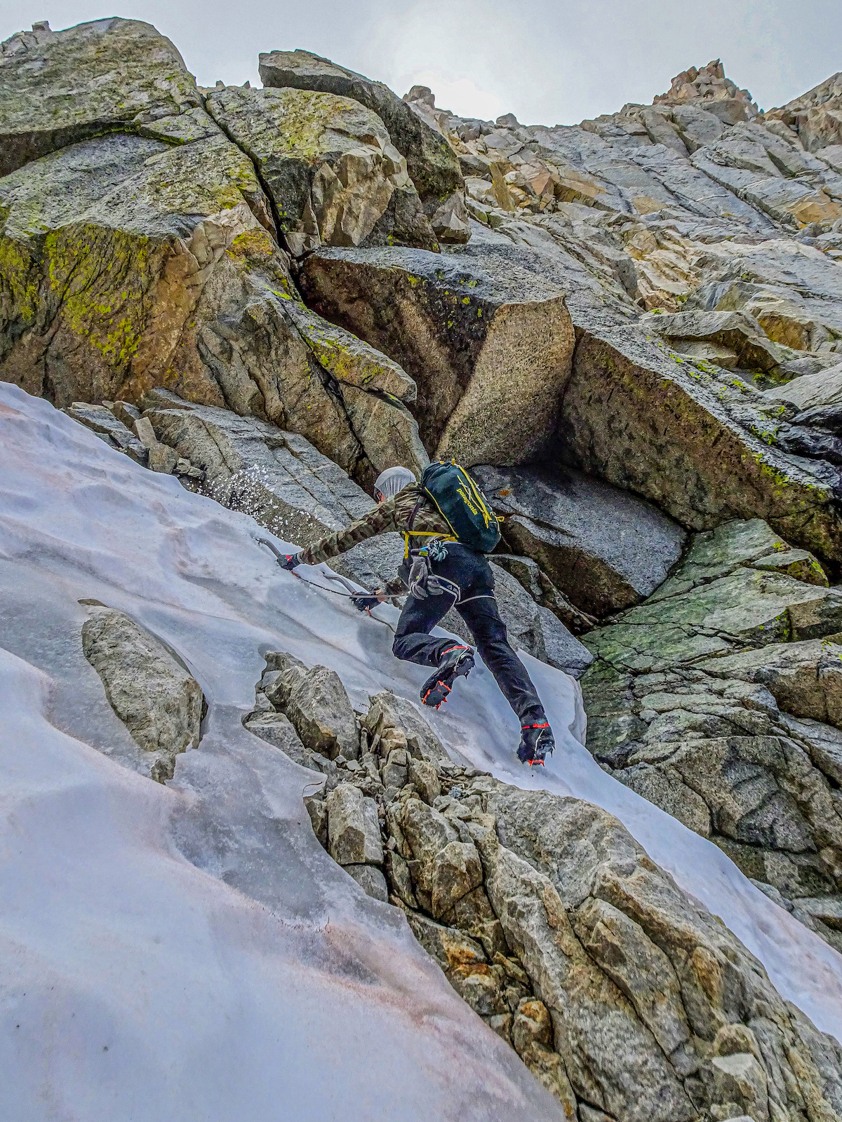 Sinker sticks in sweet summer Styrofoam (alpine ice). The Quarks are the perfect companion for icy, snicey couloirs. McCrea is pictured here in the Dress for Less Couloir, Mt. Tom Ross, Sierra Nevada Range. [Photo] Richard Shore