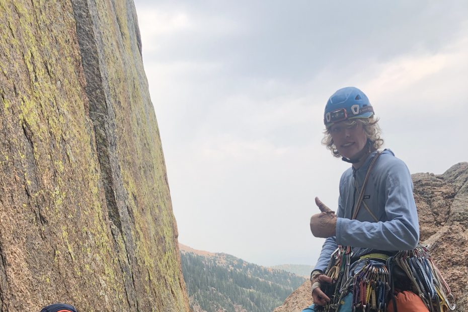 Noah McKelvin and Luke Negley after pounding a birthday-cake flavored protein shake with Finger Fanger (5.10a, 500') looming behind them on the north face of Pikes Peak, Colorado. [Photo] McKelvin/Negley collection