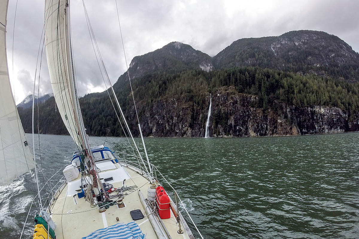Cole Taylor's ship Ember under sail in British Columbia. Taylor spent weeks sailing more than 1,000 miles on a meandering course from Port Hadlock, Washington to Petersburg, Alaska. [Photo] Cole Taylor