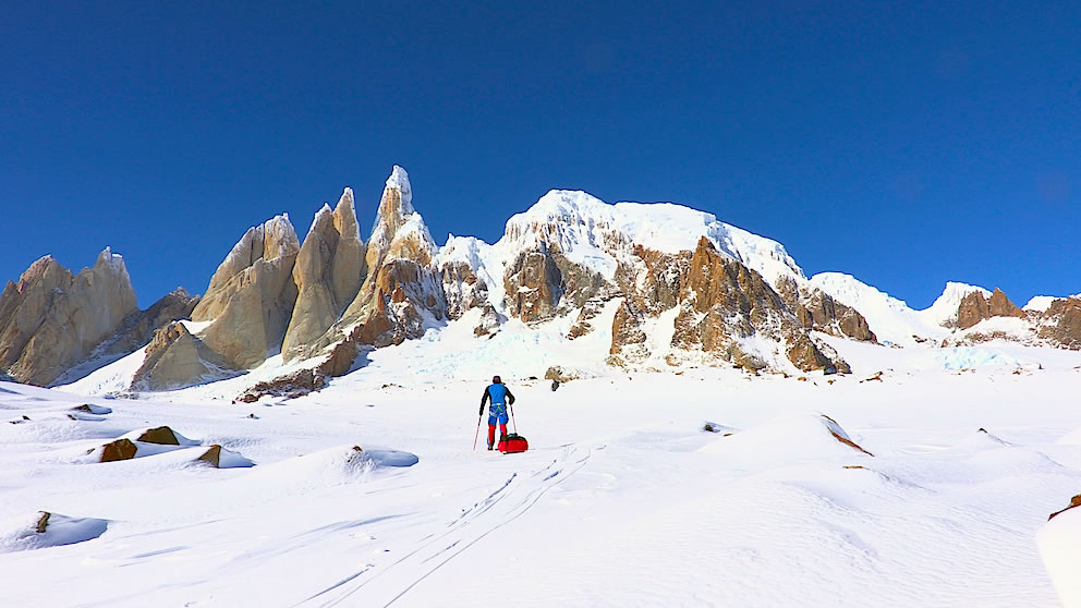 Markus Pucher approaches Cerro Torre on a solo winter attempt. [Photo] Markus Pucher