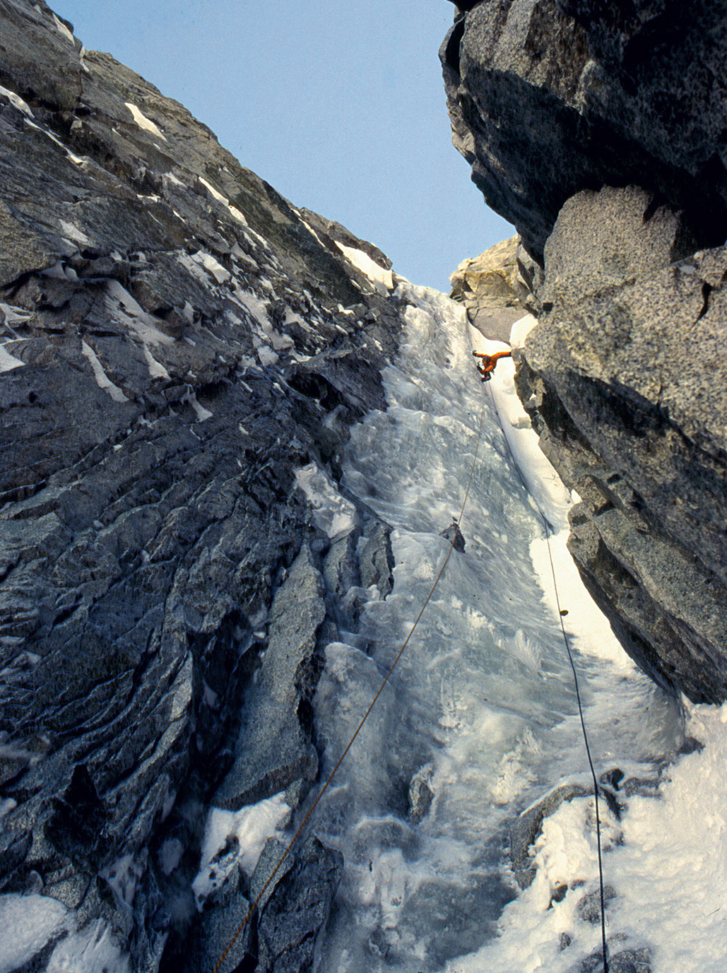 Barry Blanchard climbs in the long ice portion of the Wilford Couloir (5.9 M4 WI5). [Photo] Mark Wilford