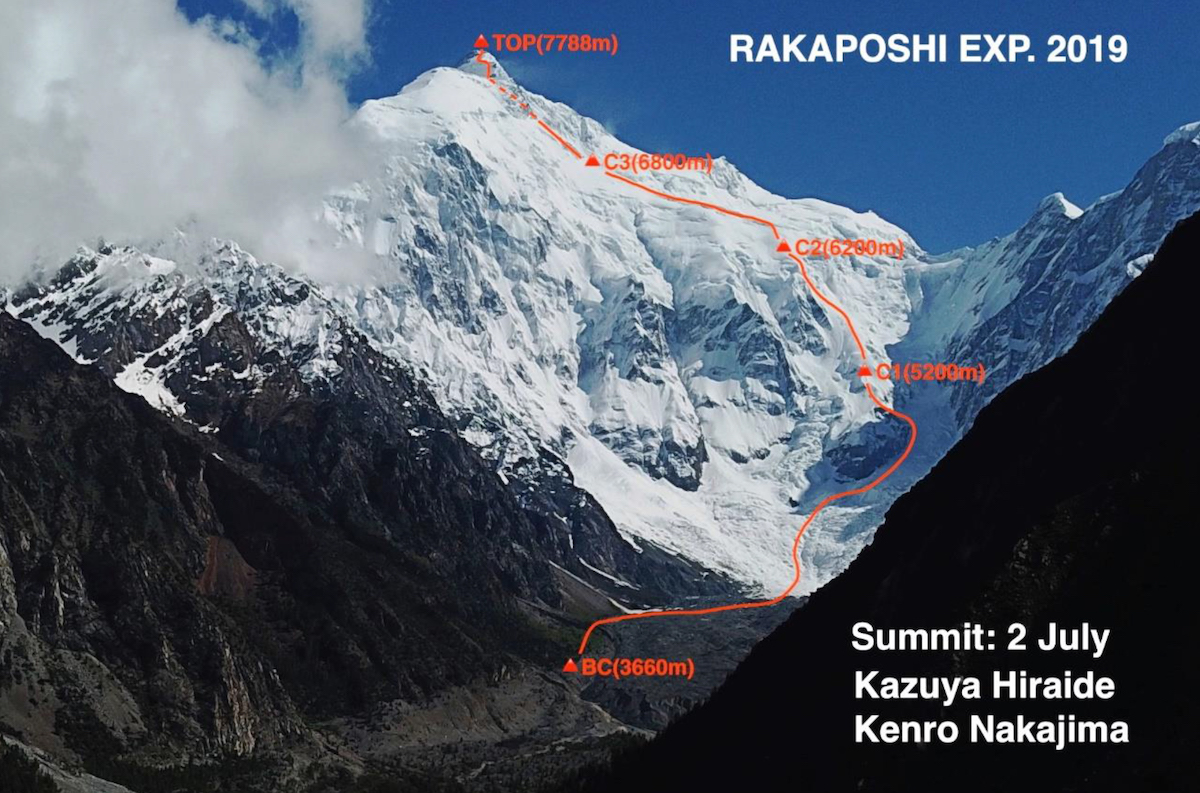 The south face of Rakaposhi (7788m) with the line of ascent. [Photo] Courtesy of Asian Alpine E-News