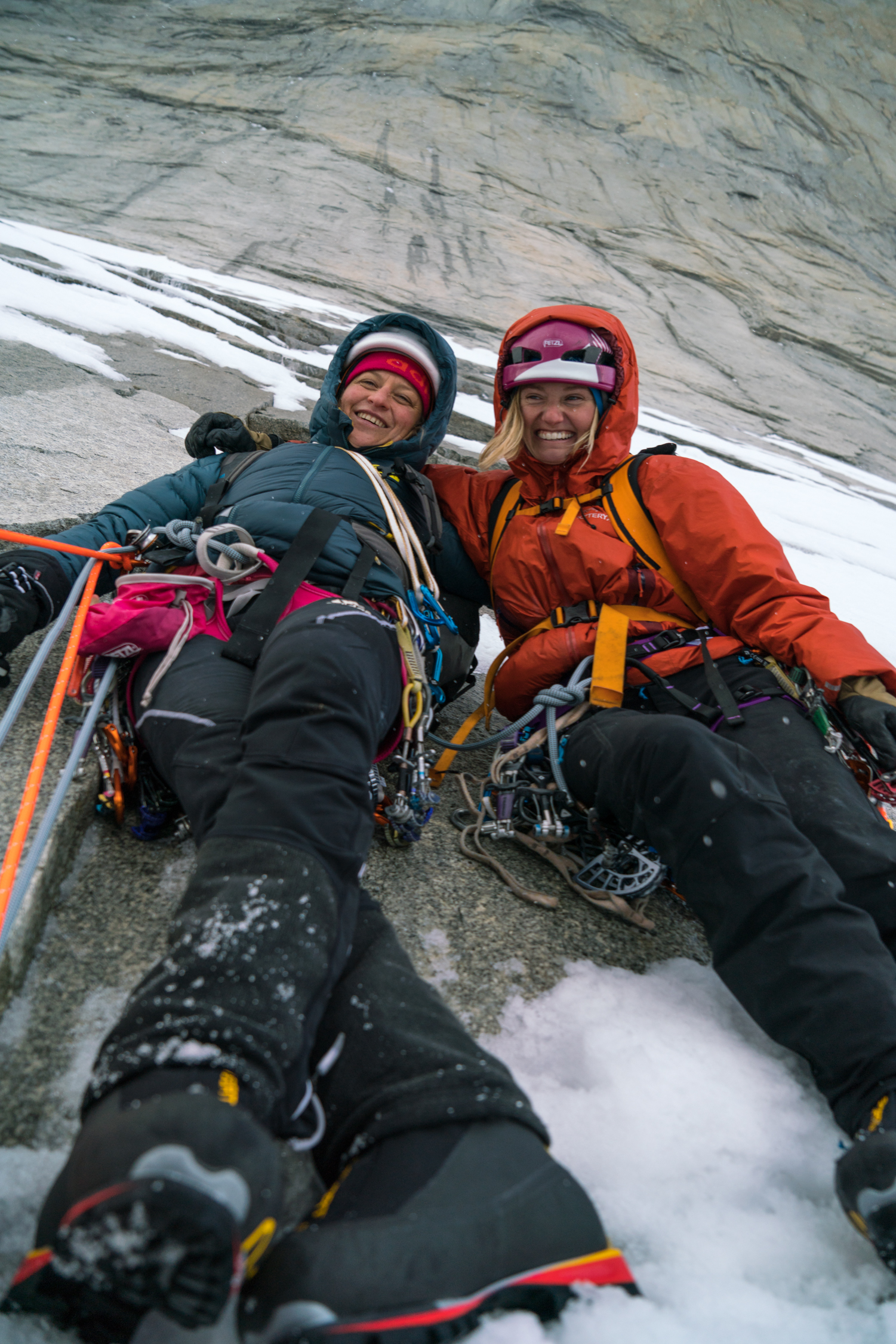 Smith-Gobat and Harrington manage to keep smiling in spite of the icy slabs on the lower part of the route that dashed all hope for making a complete free ascent. [Photo] Drew Smith