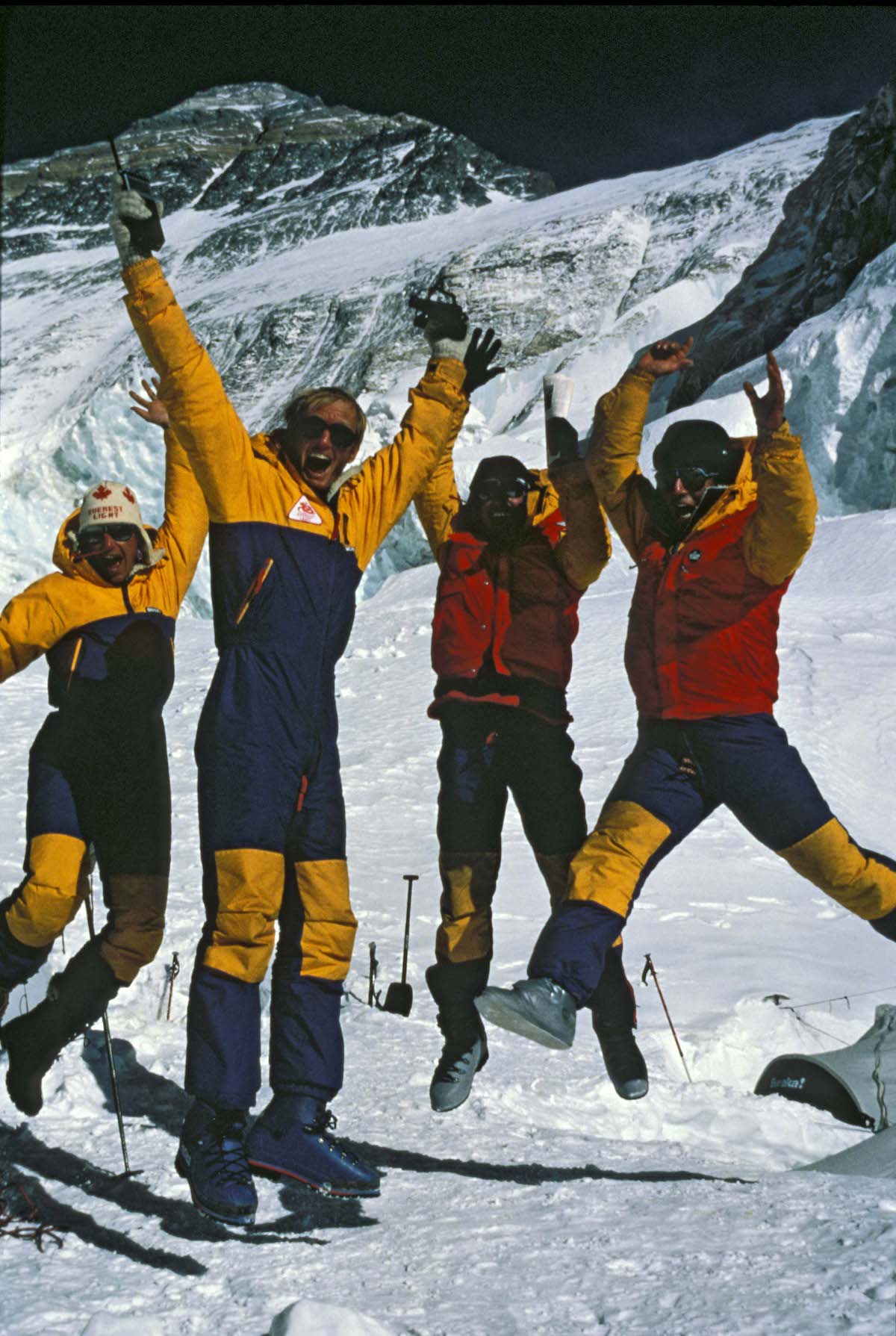 Everest Light Team celebrates after summit news. [Photo] Chris Shank, courtesy of Mountaineers Books