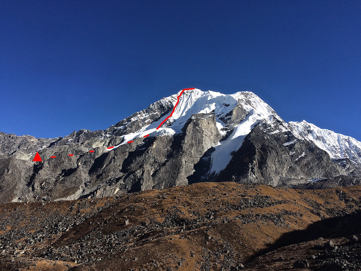 Chugimago North (5945m) with Witness the Sickness (M4 AI4, 75 degrees, 500m) marked in red, which Mirhashemi and Pugliese climbed October 28. They had to descend 100 meters shy of the summit because of snow conditions. [Photo] Mark Pugliese