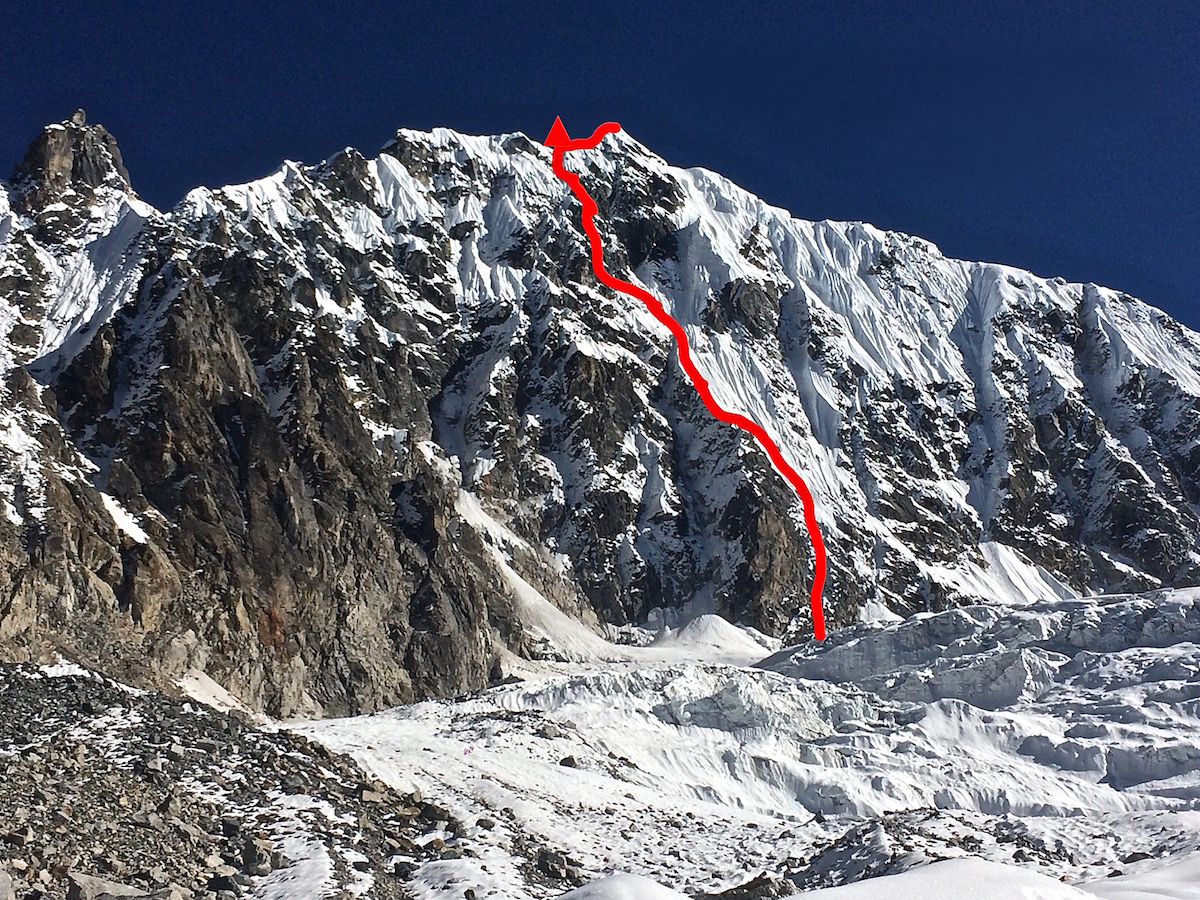 Mirhashemi and Pugliese climbed Mixed Emotions (M6 AI5, 80 degrees, 900m) on the West Face of Chugimago (6258m) on November 1-2. [Photo] Mark Pugliese