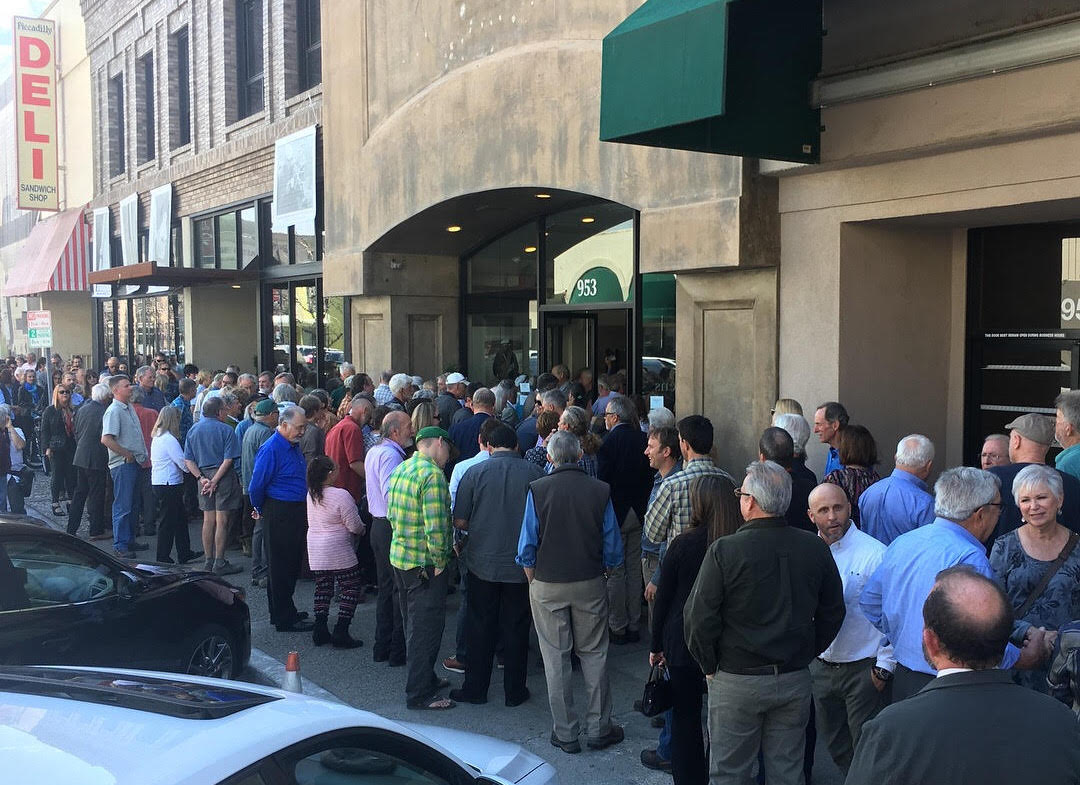 Hundreds gather outside the venue for the Royal Robbins Memorial held on March 12 in Modesto, California. [Photo] Derek Franz