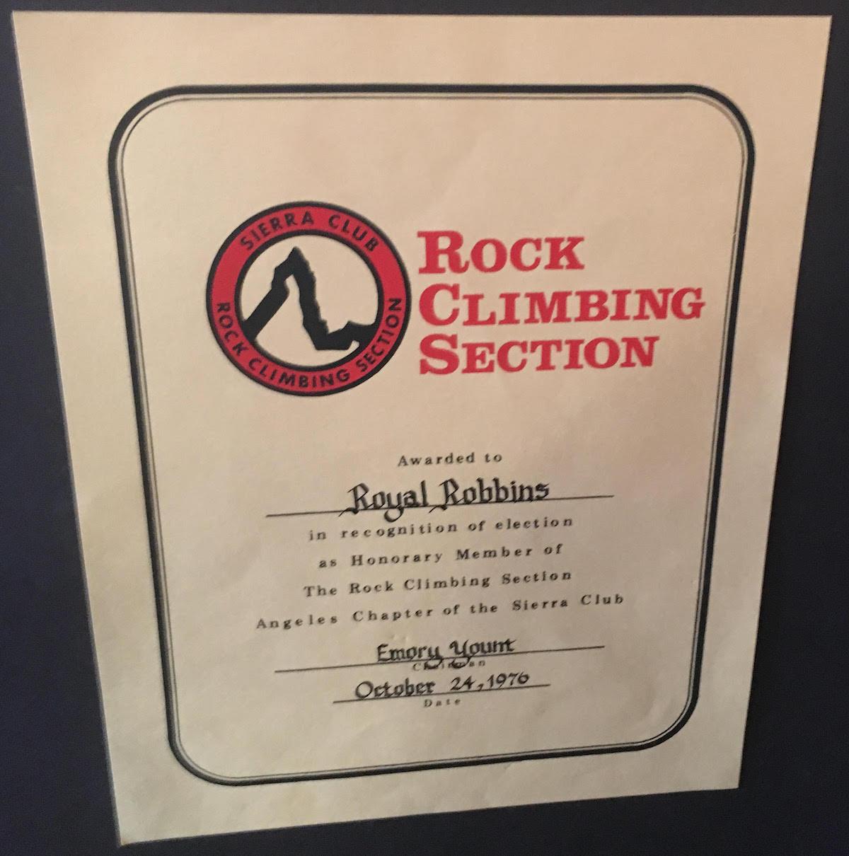A certificate of honorary membership to the Rock Climbing Section of the Sierra Club, awarded in 1976. [Photo] Derek Franz