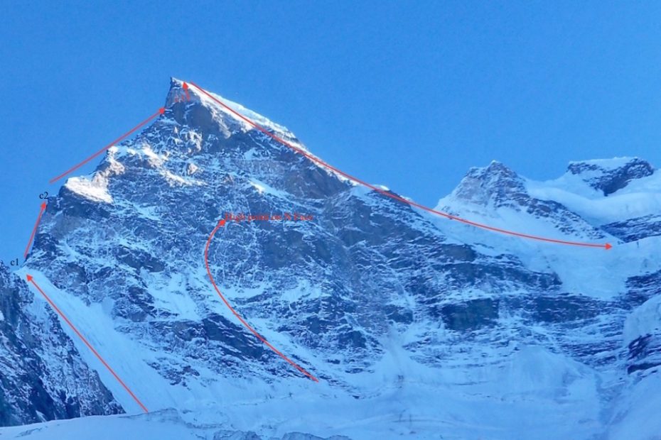 An overview of Alan Rousseau and Tino Villanueva's attempt at a route up Rungofarka's north face (center), their successful route up the north ridge (left), which they dubbed The T and A Show (VI M6 WI4+, 1200m), and their descent route (right). [Photo] Alan Rousseau