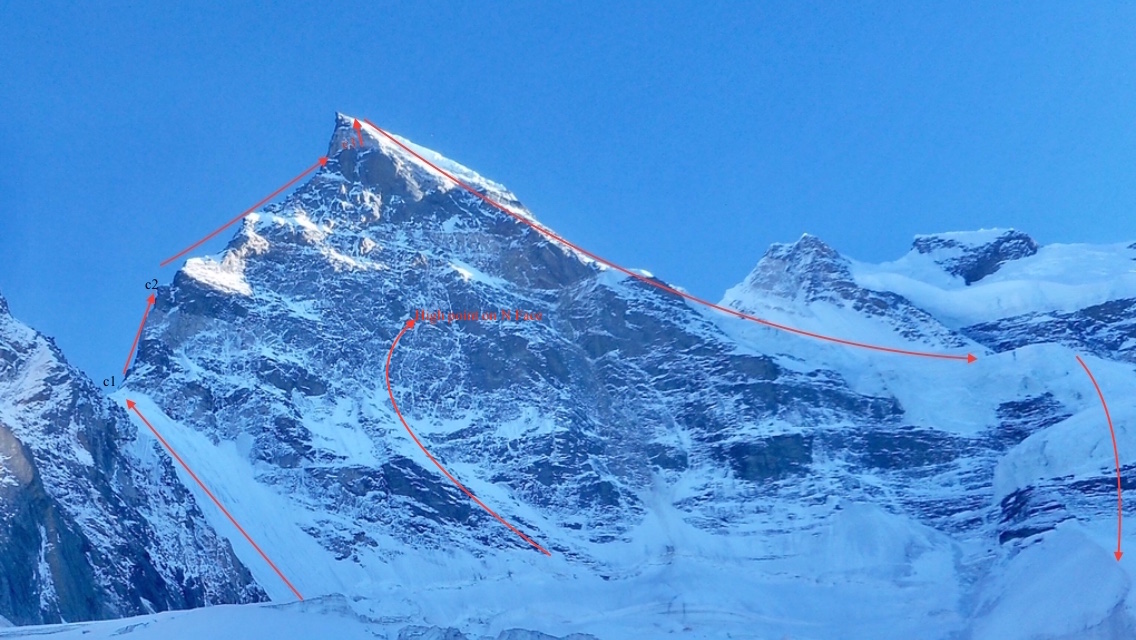 An overview of Alan Rousseau and Tino Villanueva's attempt at a route up Rungofarka's north face (center), their successful route up the north ridge (left), which they dubbed The T and A Show (VI M6 WI4+, 1200m), and their descent route (right). [Photo] Alan Rousseau
