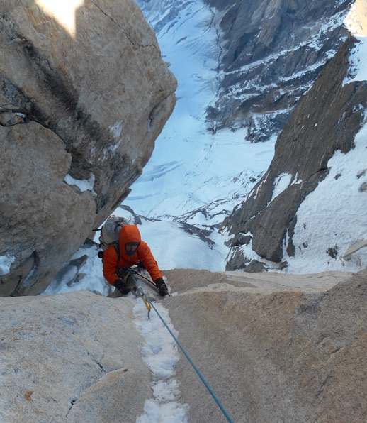 The ice runnel crux near the top of the route. [Photo] Alan Rousseau
