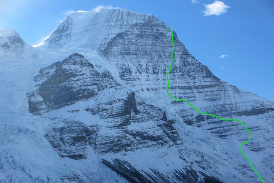Topo of Running in the Shadows (VI AI5 M6 A0, 2000m),, Emperor Face, Mt. Robson. [Photo] Uisdean Hawthorn