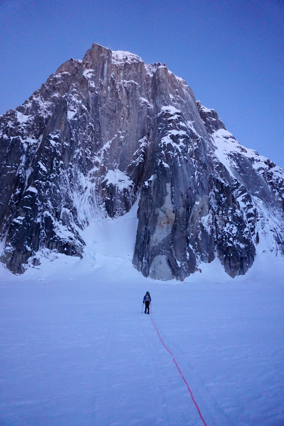 The author approaches the east face of Mt. Dickey on the morning of April 3. [Photo] Jackson Marvell