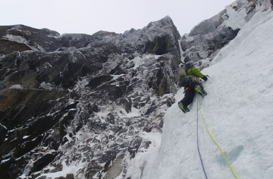 Ryan Johnson on Tide Line (WI5, 420m), one of two new ice routes that Johnson and his partners established in Southeast Alaska in 2012. [Photo] Jason Nelson