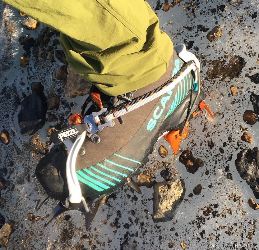 The Scarpa Ribelle HD paired with the Petzl Irvis crampons. [Photo] Kate Erwin collection