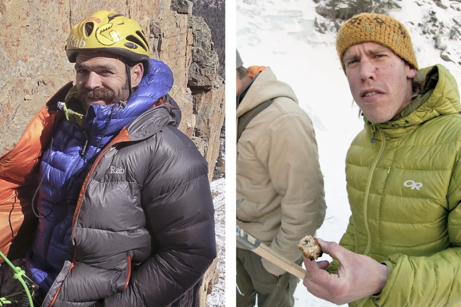 Left: Scott Adamson at the base of pitch 3 during the first ascent of The One Who Knocks WI6 M5 R/X, Reid's Peak, Uintas, Utah.  Right: Kyle Dempster at the Superbowl Sunday BBQ at the top of Pitch 2 on the Great White Icicle, Little Cottonwood Canyon, Utah. [Photos] Nathan Smith