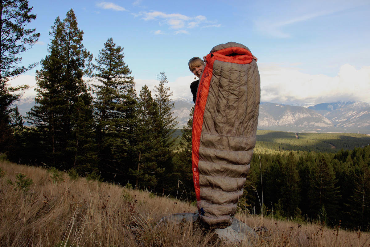 The author posing with the Sea to Summit Flame sleeping bag, which is made specifically for women. [Photo] Katherine Erwin collection