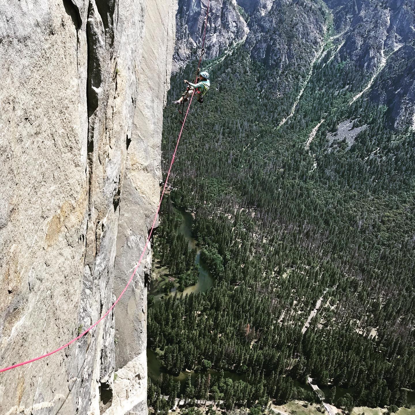Selah jumaring on the Nose. Her dad estimates that she cleaned 80 percent of the pitches on the route, which freed up the two adults to haul the bag. [Photo] Schneiter family collection