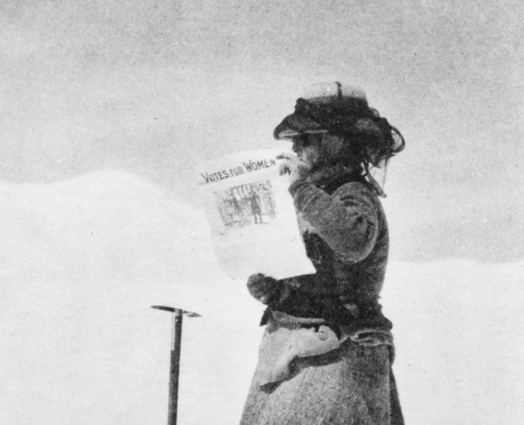 Fanny Bullock Workman with her Votes for Women sign. [Photo] William Hunter Workman, Wikimedia Commons