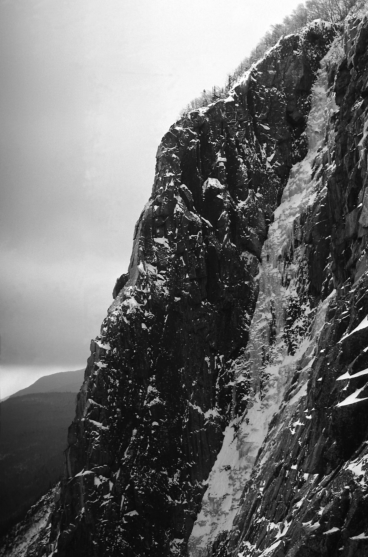 The Black Dike, Cannon Cliff, New Hampshire, 1970s. Laura Waterman was the first woman to climb the route, four years after John Bouchard's 1971 first ascent. [Photo] Ed Webster