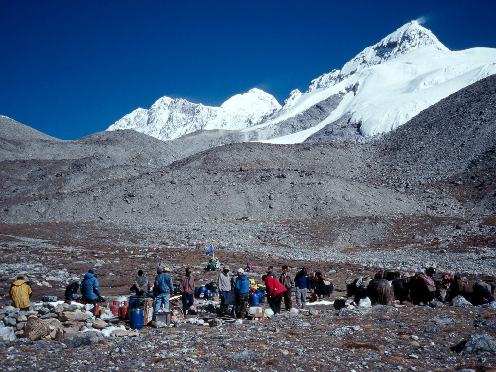 Base camp with Shishapangma in the background. [Photo] Andrew McLean