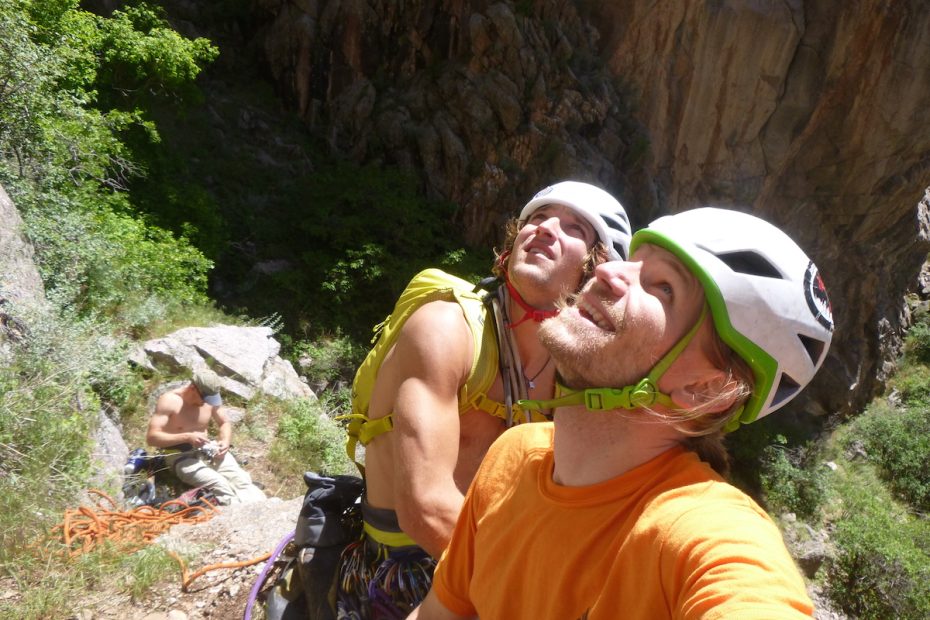 Bachelor Party: After a typical Black Canyon approach, the author (right) prepares to climb back to the rim with his buddies Jack Cody (middle) and Todd Preston (left), in June 2015, the day before the author's wedding. [Photo] Derek Franz