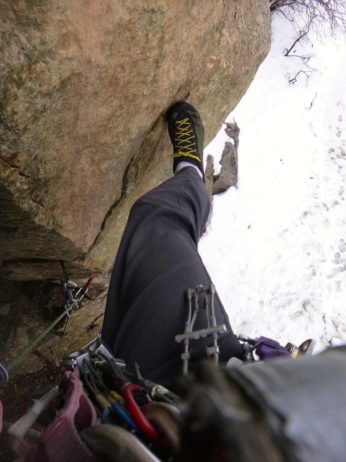 The La Sportiva TX2 shoes performed well on this wet, overhanging pitch in the Glenwood Canyon, Colorado, which entailed aid and free climbing (5.6 C1+). [Photo] Derek Franz