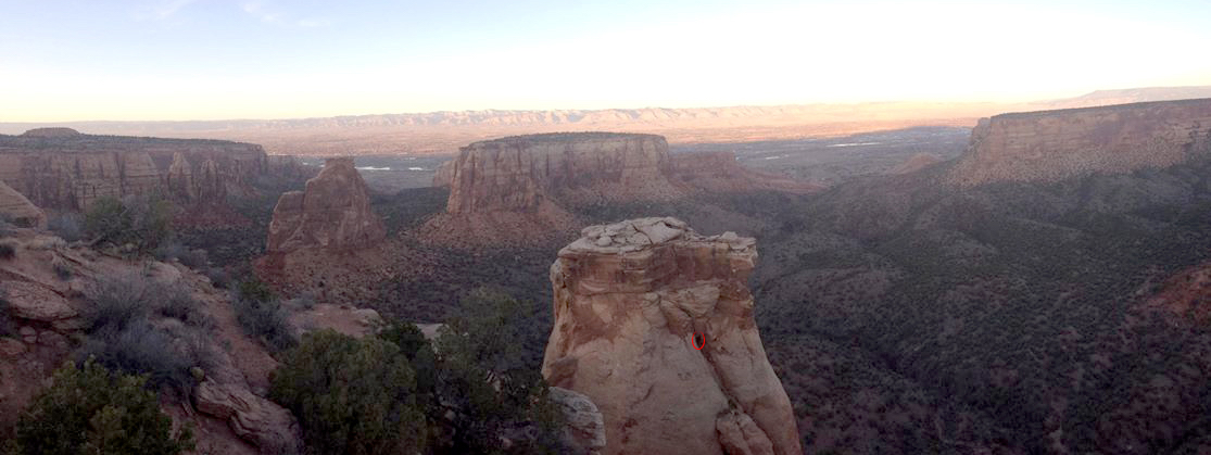 A bystander took this picture of the author (circled in red) rope soloing on Grand View Spire in Colorado National Monument on November 9. Franz was surprised that the SPOT X had difficulty getting a satellite connection on top of the spire. [Photo] Courtesy of Jose Rommel Samson Tuason