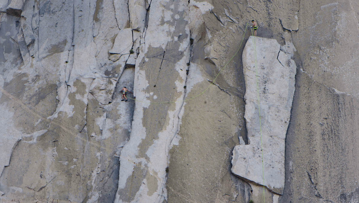 Honnold, left, leads the leftward traverse from Boot Flake as Caldwell belays. Instead of doing the traditional King Swing, Honnold said he does more of a tension traverse at a higher location from where the swing is usually done. [Photo] REEL ROCK Film Tour, Sam Crossley
