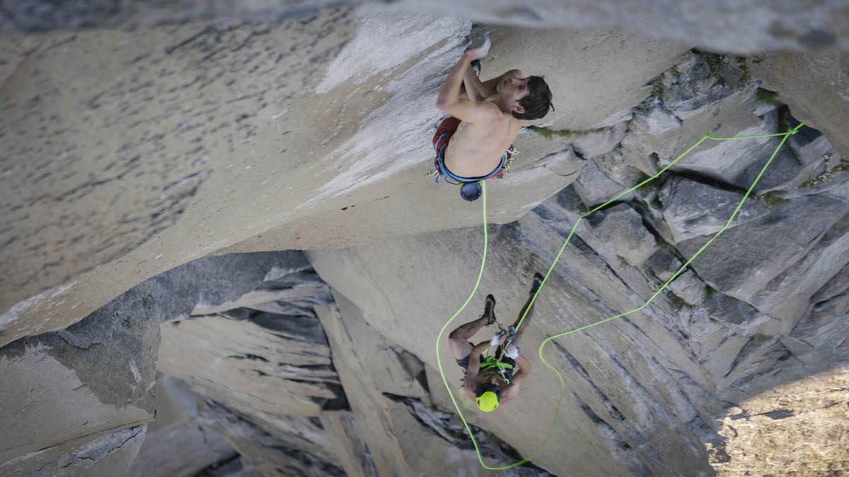 Honnold leads on a short-fixed rope while Caldwell jumars below him near the top of the Nose. [Photo] REEL ROCK Film Tour, Austin Siadak