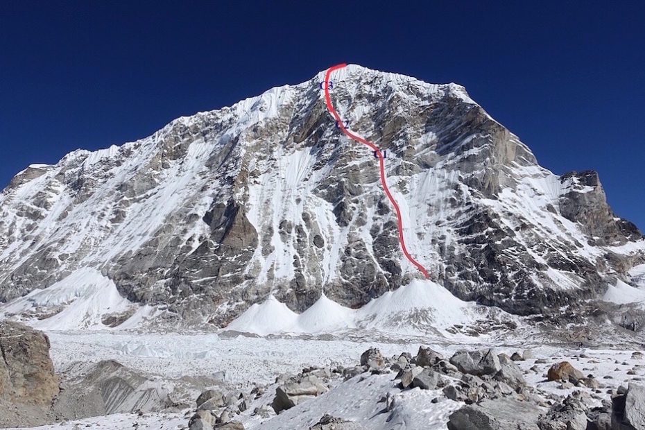 The west face of Tengi Ragi Tau (ca. 6940m) with Release the Kraken (AI5 M5+, 1600m) drawn in red. Alan Rousseau and Tino Villanueva's three bivy sites are marked in blue near the beginning, middle and top of the upper rockband. [Photo] Alan Rousseau
