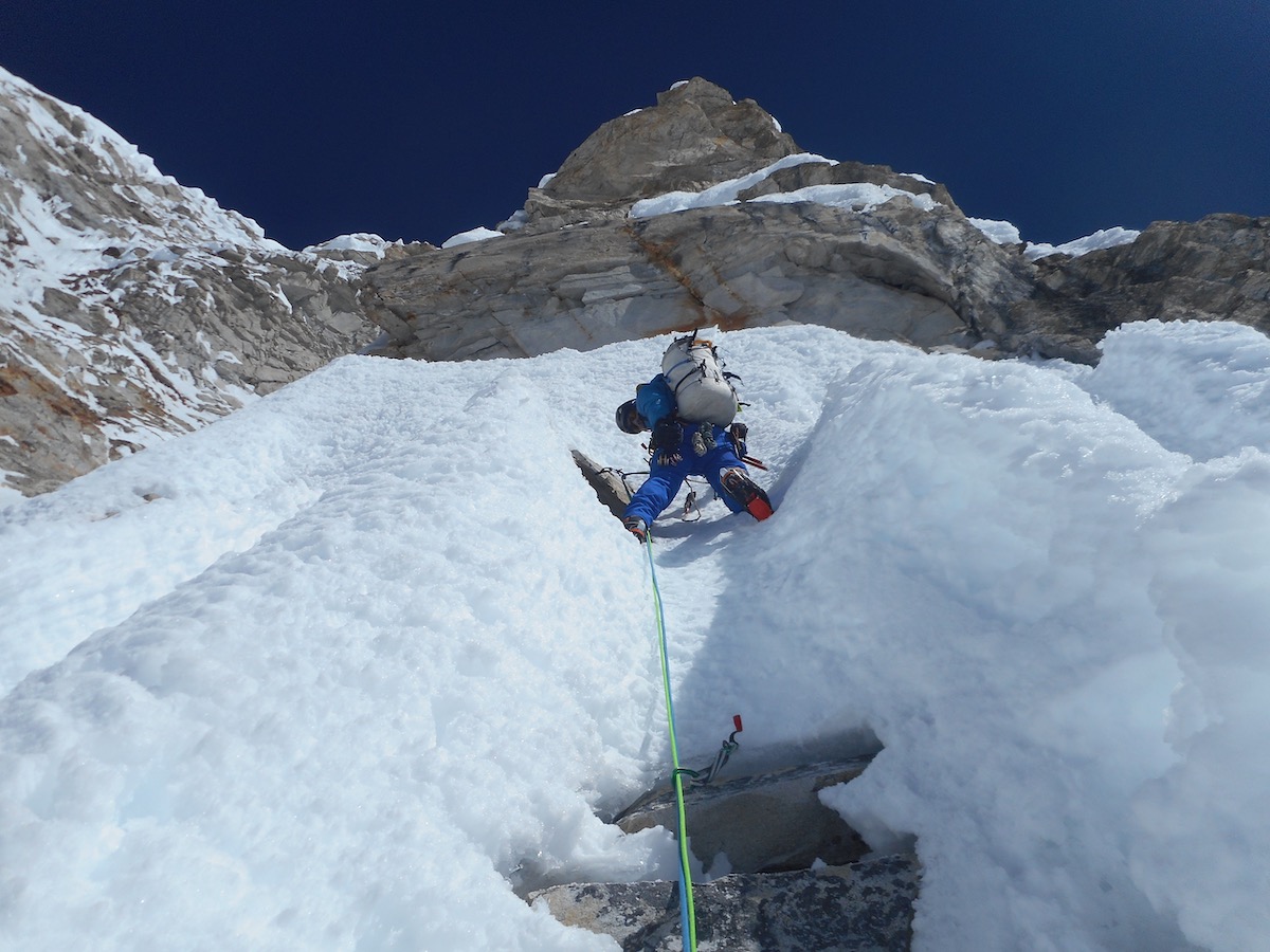 The last pitch of Day 2: Villanueva nearing the bivy site at 6600 meters. [Photo] Alan Rousseau
