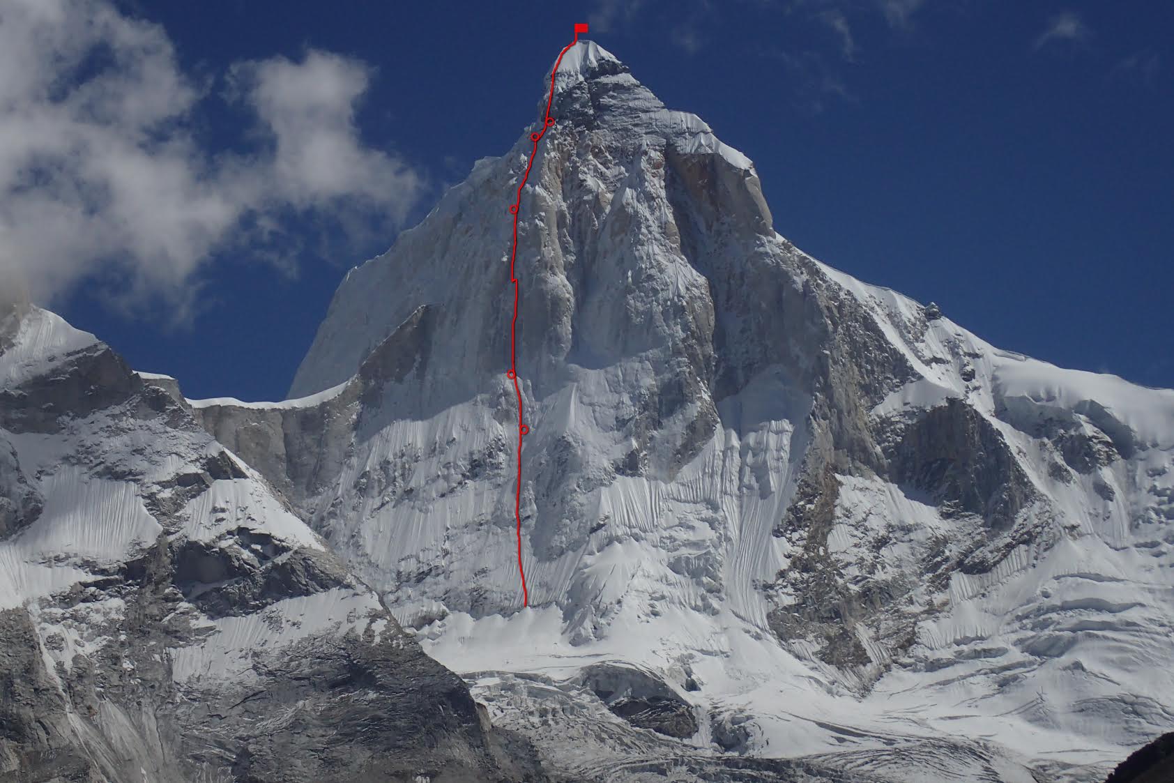 The red line marks the route and camps of Moveable Feast (ED2: M7 WI5 5.10a A3, 1400m) on Thalay Sagar (6904m), India. [Photo] Courtesy of Dmitry Golovchenko and Mountain.RU.