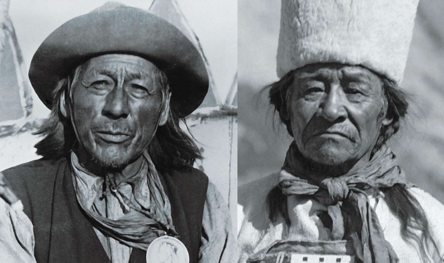 Tom Chiniquay (left). William Twin (right). Employed by the CPR at Lake Louise in 1894, the two Nakoda men spent the summer building trails and guiding tourists. They are rarely celebrated for what was likely the Canadian Rockies' first recorded mountain rescue--using an improvised litter. [Photos] Glenbow Archives