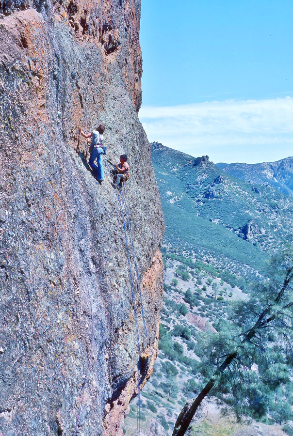 Chris Vandiver and Tom Fukuya scope Pitch 2 prior to the first ascent. [Photo] Tom Higgins collection, Courtesy Friends of Pinnacles
