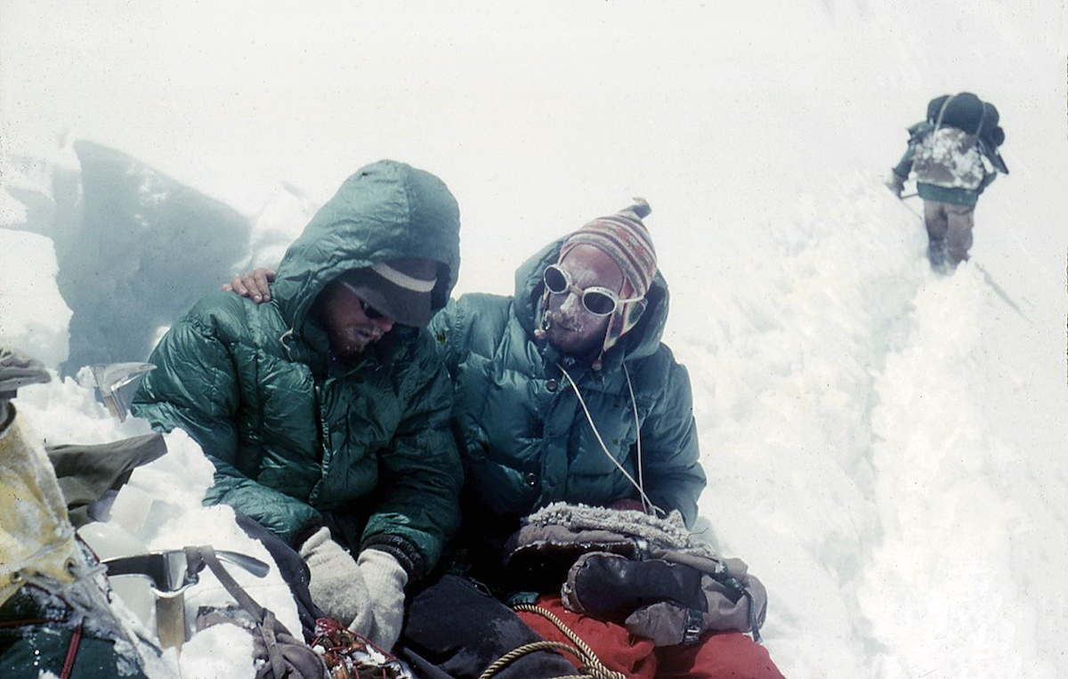 Hornbein comforting Dick McGowan after the avalanche on Masherbrum. [Photo] Hornbein collection