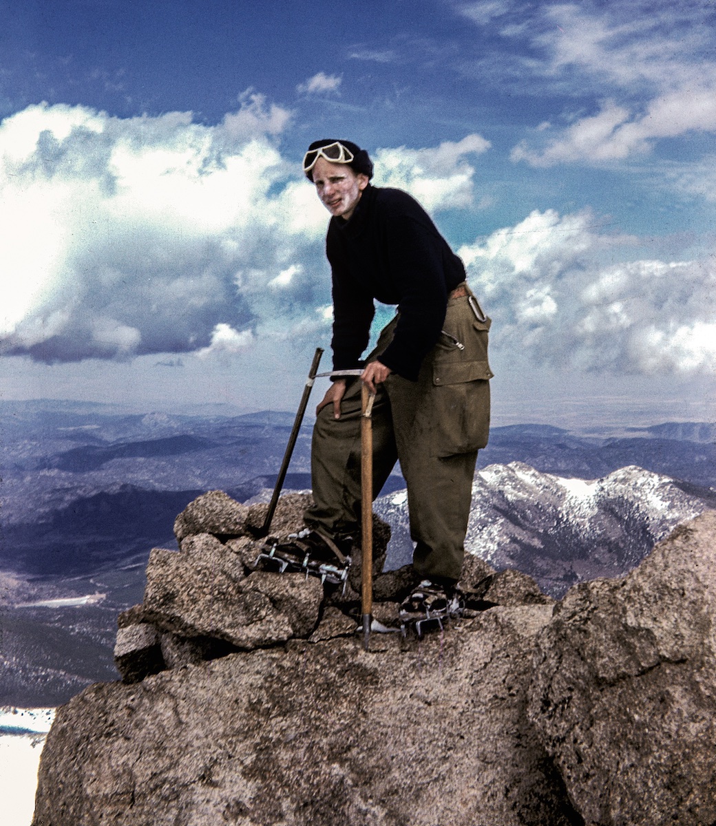 Hornbein on Longs Peak (Neniisoteyou'u), wearing army surplus pants and a turtleneck sweater knitted by his mother. [Photo] Bob Riley / Hornbein collection