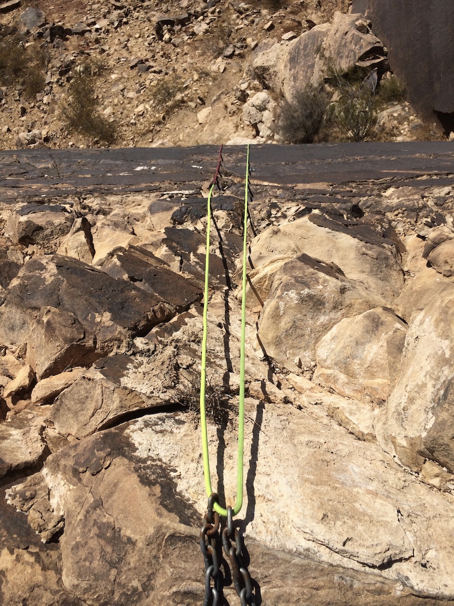 The red end of the Trango Agility makes it apparent that the rappel is not set up appropriately at the Zen Wall near St. George, Utah. [Photo] Mike Lewis