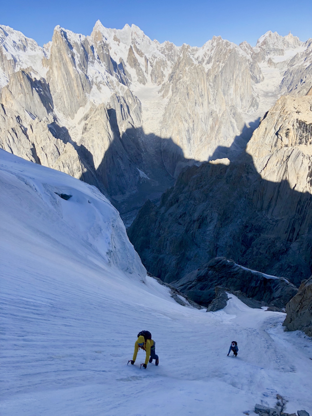 Allfrey and Pfaff at the start of the ice difficulties on the American Route on the north side of Great Trango Tower. [Photo] Andres Marin