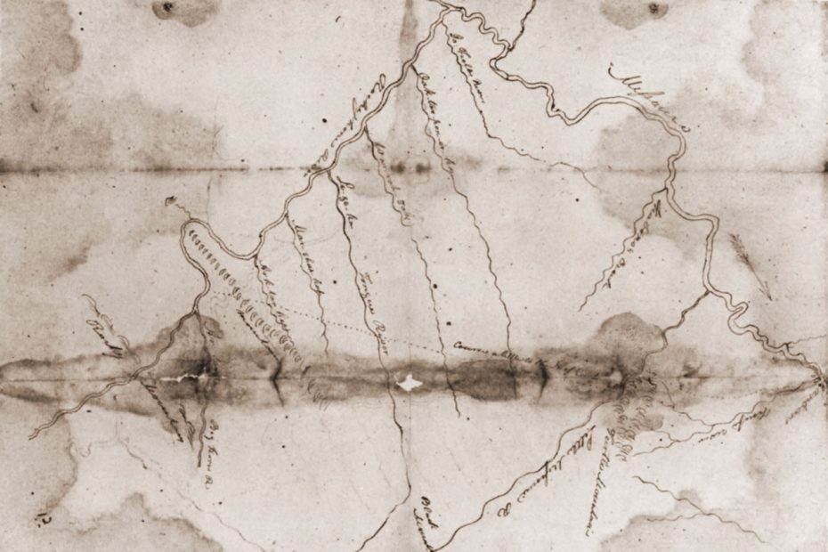 An 1805 map of the Yellowstone River, which historian James P. Ronda writes, was based off drawings or information from the Mandan chief Sheheke and copied by William Clark, who noted that it led "as far as the high mountains." [Photo] Beinecke Library, Yale University